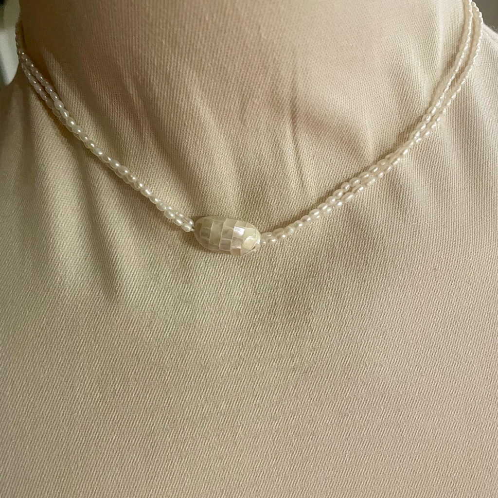Delicate Seed Pearl Necklace Double Strand Mother Of Pearl Center Handmade Nwt